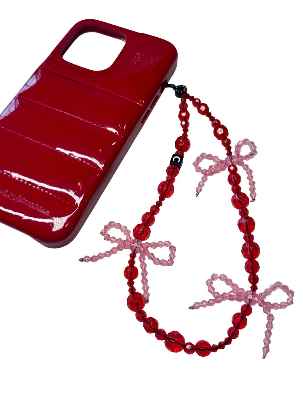 🔴🎀 Casetify Red Phone Charm Beaded Wrist Strap Jewelry with Pink Bow Accents 🎀🔴